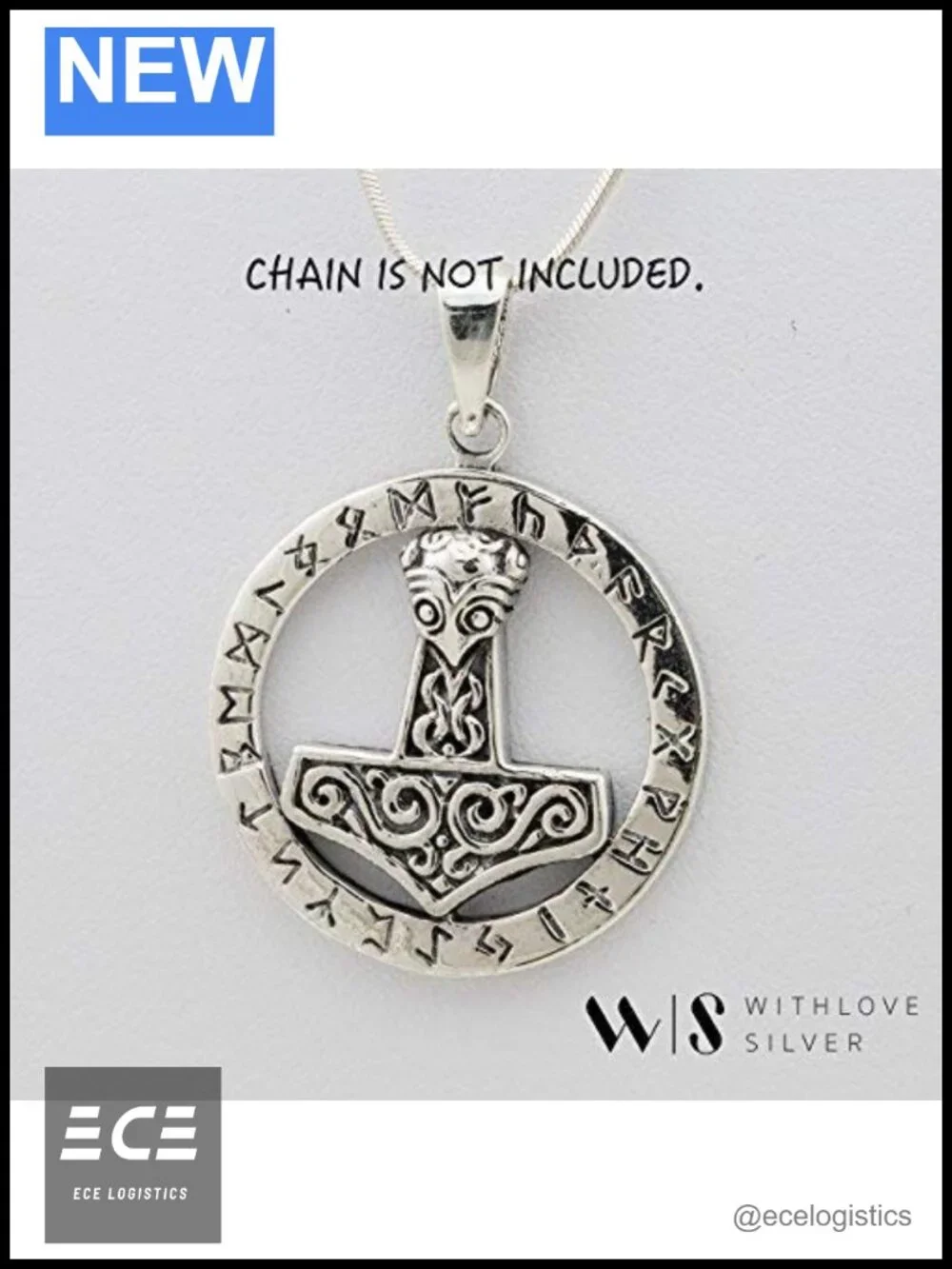 Sterling Silver Viking Mjolnir Thor Hammer Pendant Necklace Amulet Norse